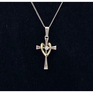 Sterling Silver Cross Necklace Cubic Zirconia Center Stone and Gold-Plated Heart